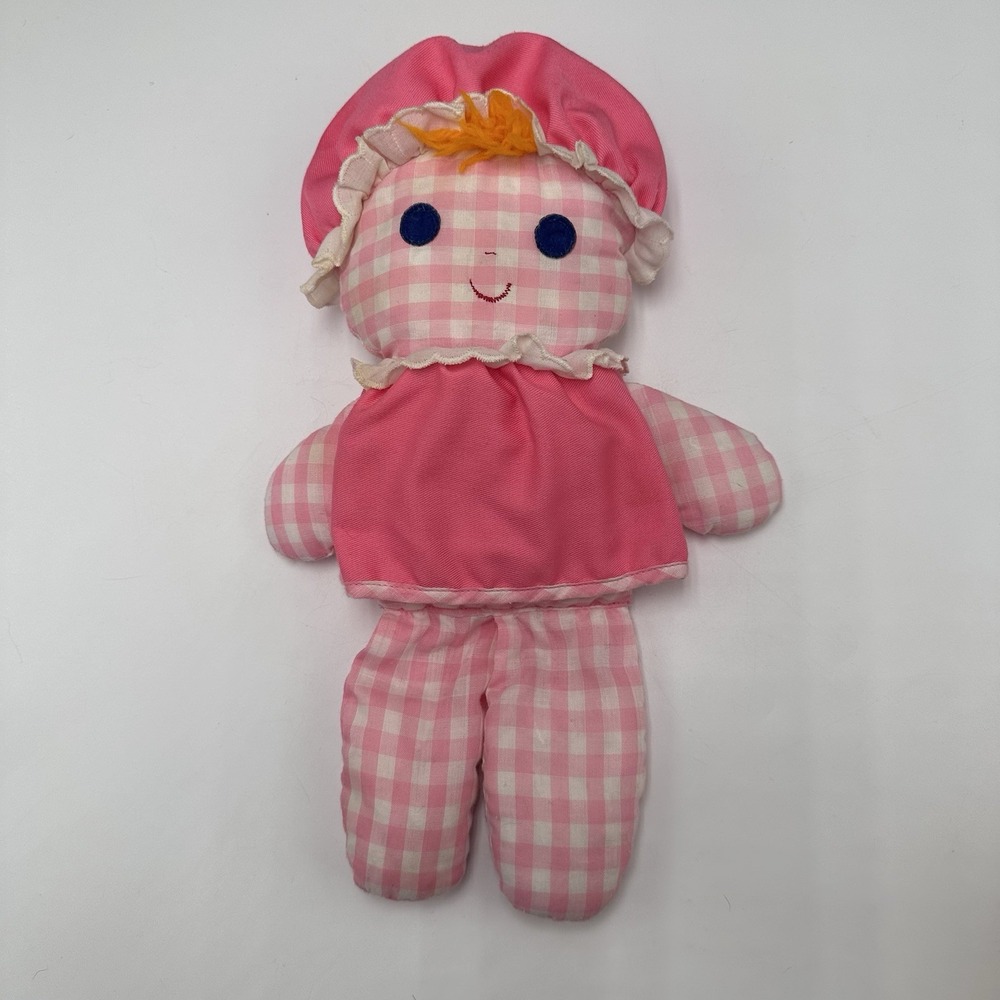 Vintage Fisher Price 1975 Lolly Rattle Doll Pink Checkered Gingham 12" Plush